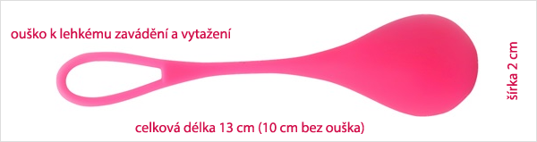 Posilování pánevního dna - ouško k lehkému zavádění a vytažení, celková délka 13 cm (10cm bez ouška), šířka 3 cm.